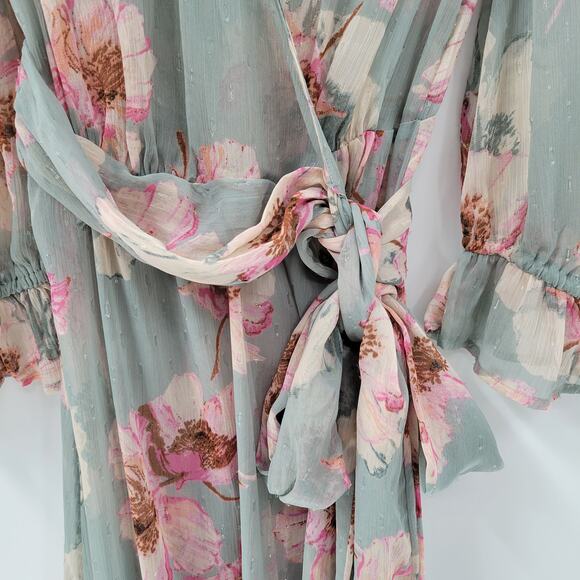 Express Wrap Dress Womens S/M Green Floral Watercolor Sheer Tiered Long Maxi - Picture 6 of 16